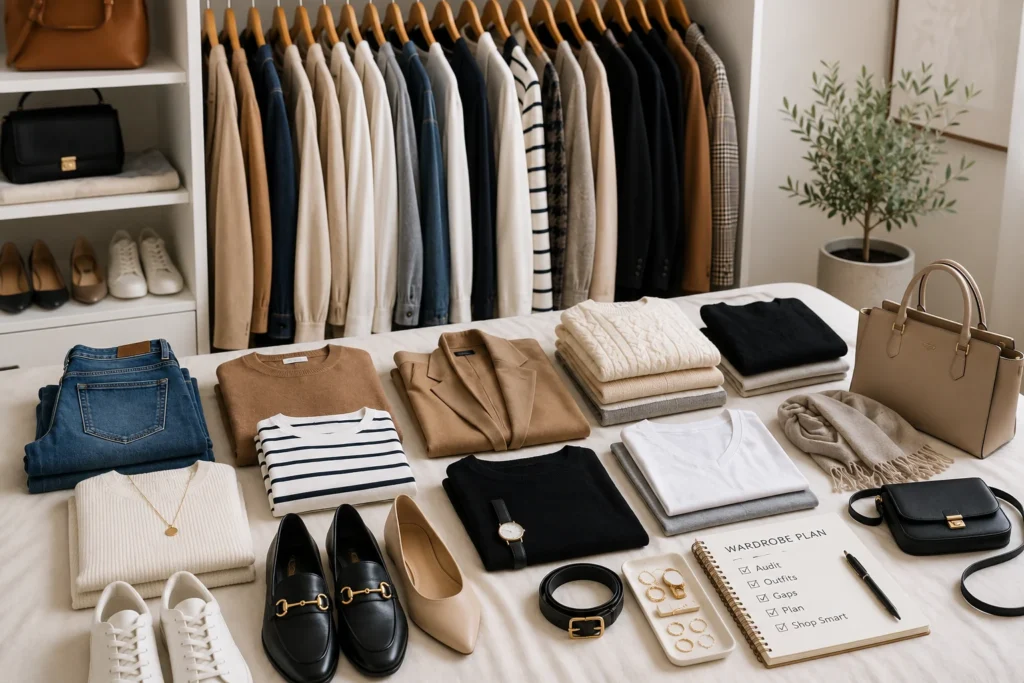Functional wardrobe planning with coordinated clothes, shoes and accessories