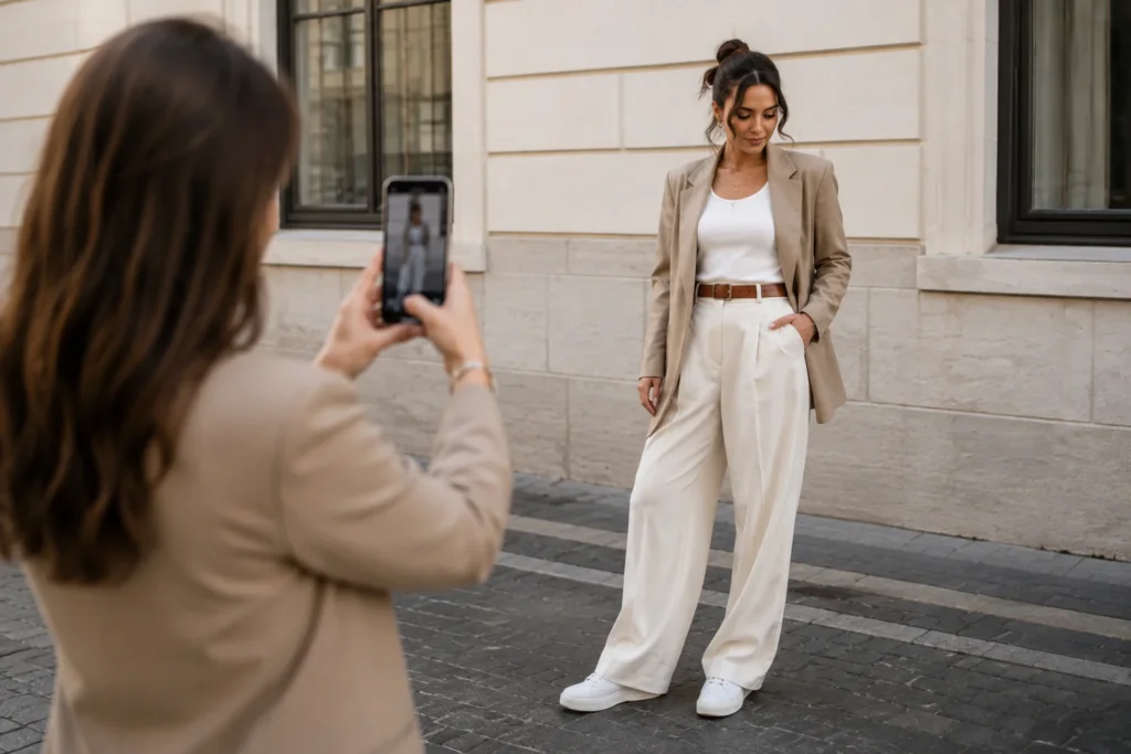 Woman posing for a full-body outfit photo taken with a smartphone