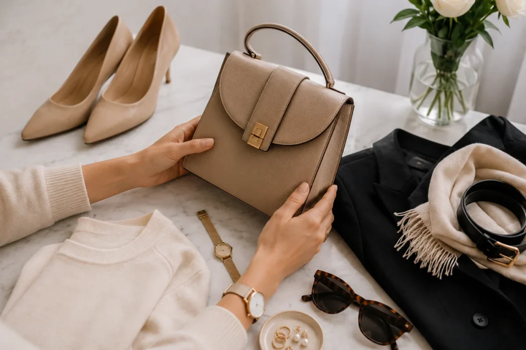 Elegant neutral shoes, structured handbag and accessories for a polished outfit