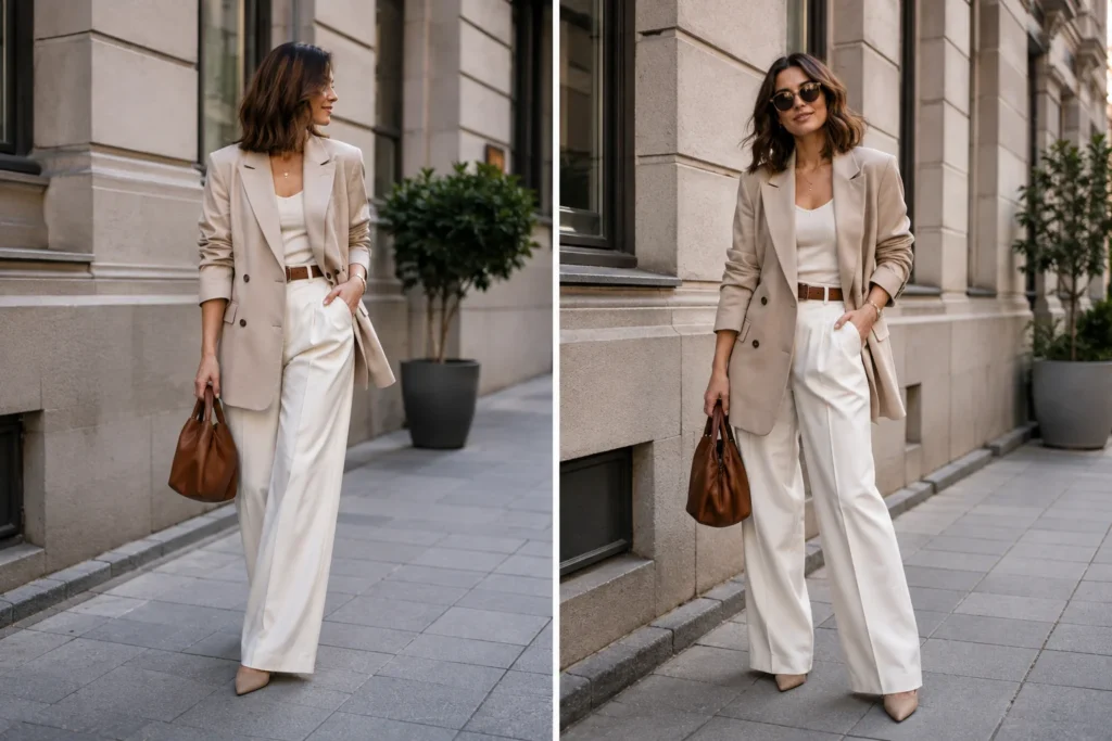 Woman showing two natural poses in the same stylish outfit
