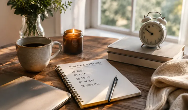 Woman planning her week during a Sunday reset routine with notebook, coffee and morning sunlight