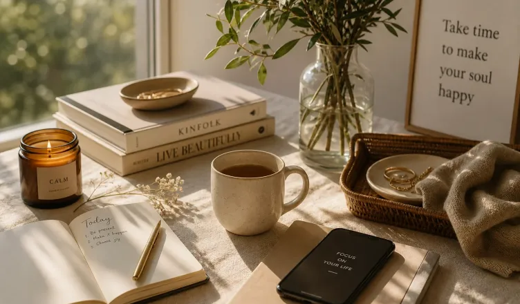 calm lifestyle morning flatlay with coffee notebook candle and natural light aesthetic daily routine