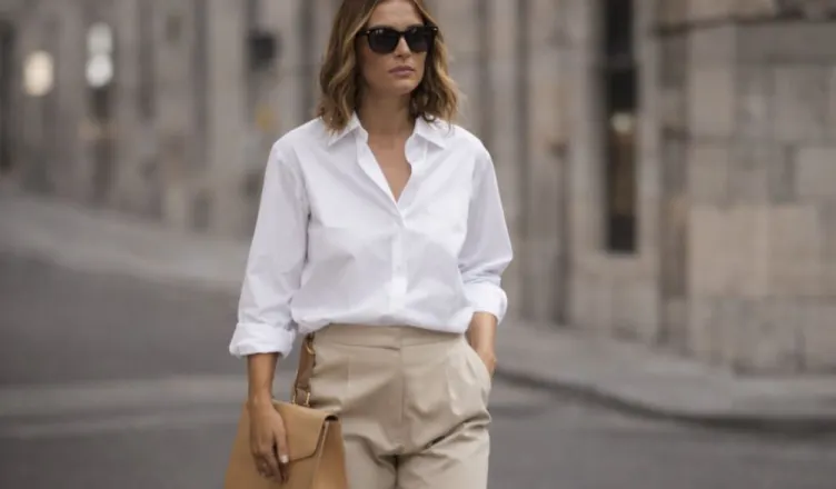 capsule wardrobe 2026 woman white shirt beige trousers minimalist style outfit