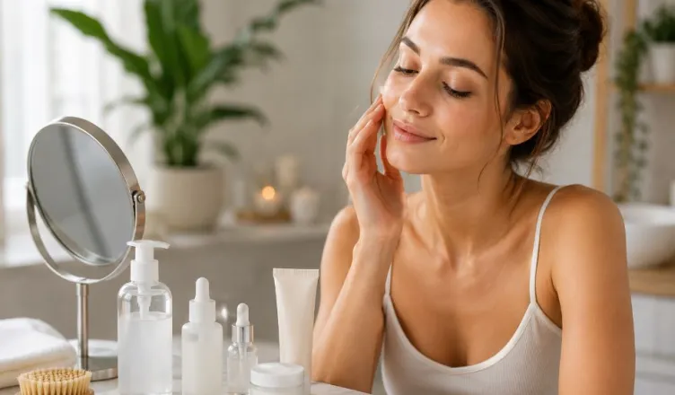 A young woman with natural makeup and minimalist skincare products in a bright bathroom