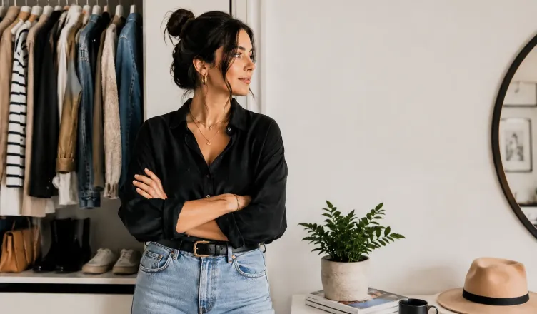 Woman standing in front of a curated wardrobe, expressing confidence through personal style rather than fashion trends