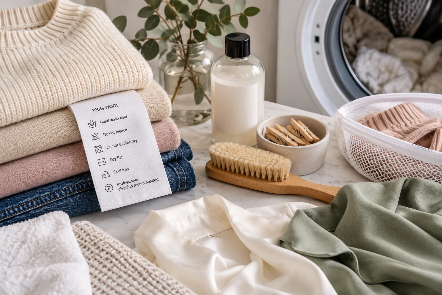 Clothing care essentials with fabric labels, knitwear, laundry bag and gentle washing products