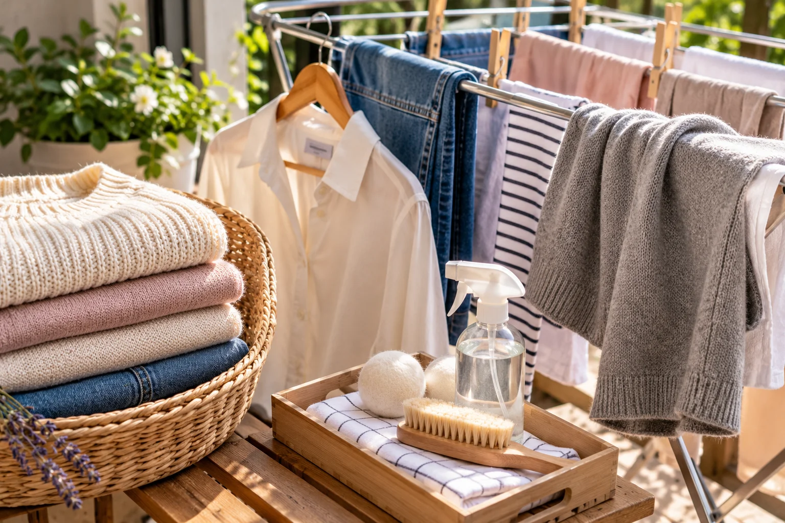 Clothes air-drying on a rack with knitwear, denim and fabric care essentials